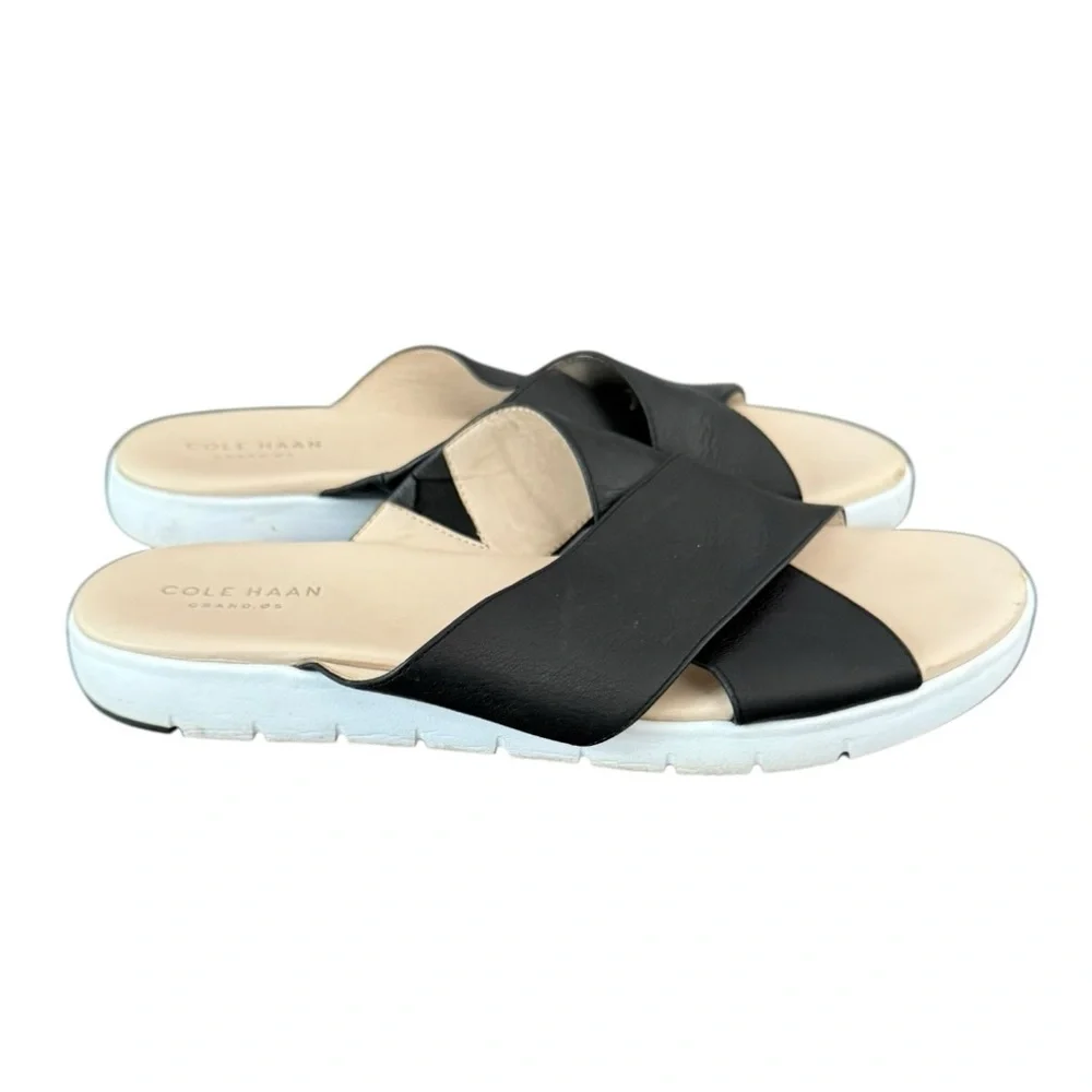Cole Haan Women's Grand.OS Criss Cross Black Leather Slide Sandals 8.5
